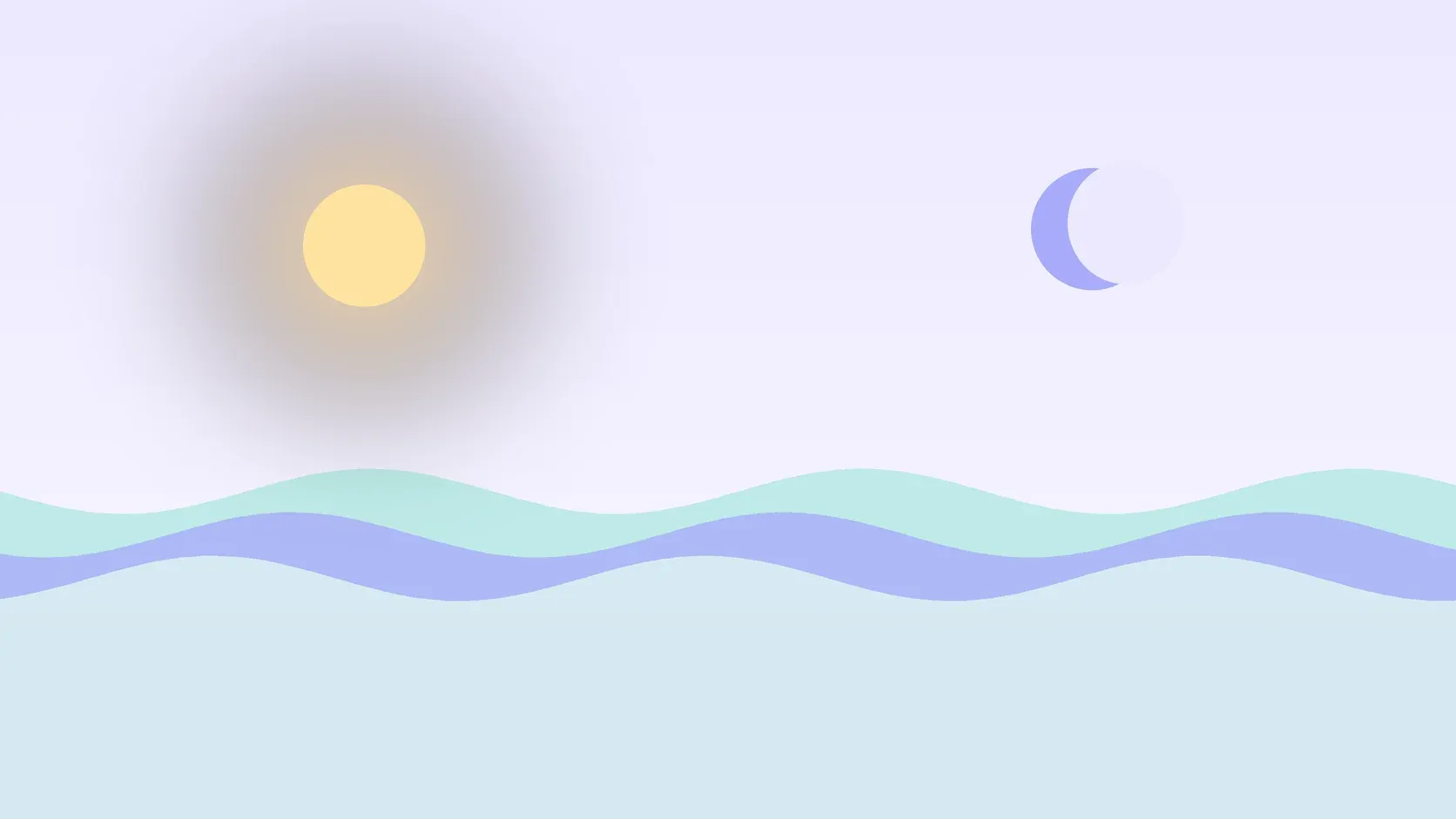 Illustration of a sun and a crescent moon above layered rolling waves, suggesting changes in mood over time