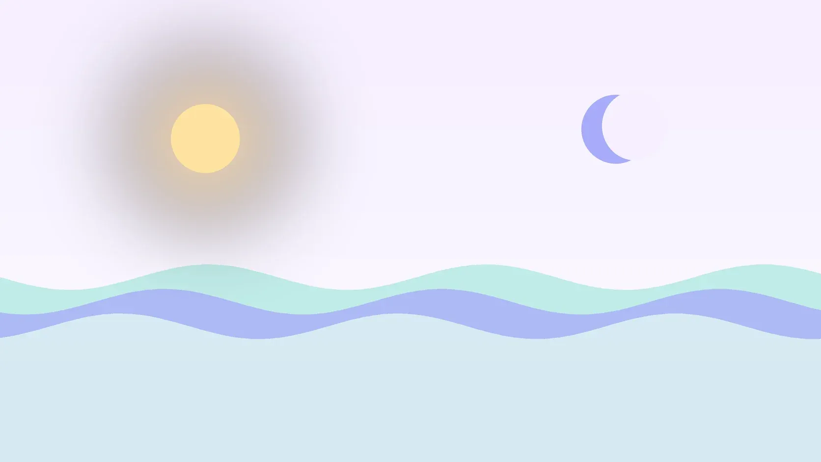 Illustration of a sun and a crescent moon above layered rolling waves, suggesting changes in mood over time