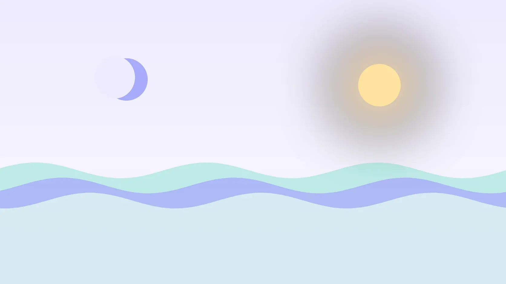 Illustration of a sun and a crescent moon above layered rolling waves, suggesting changes in mood over time