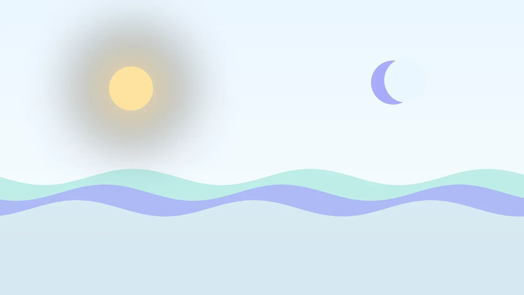 Illustration of a sun and a crescent moon above layered rolling waves, suggesting changes in mood over time