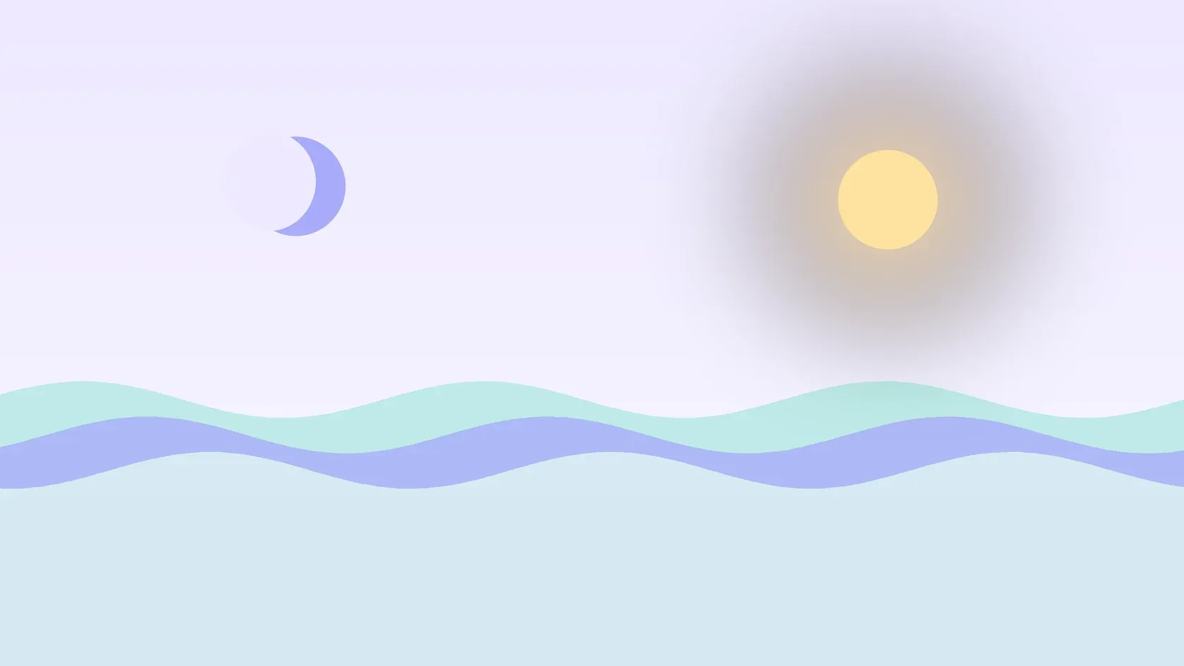 Illustration of a sun and a crescent moon above layered rolling waves, suggesting changes in mood over time