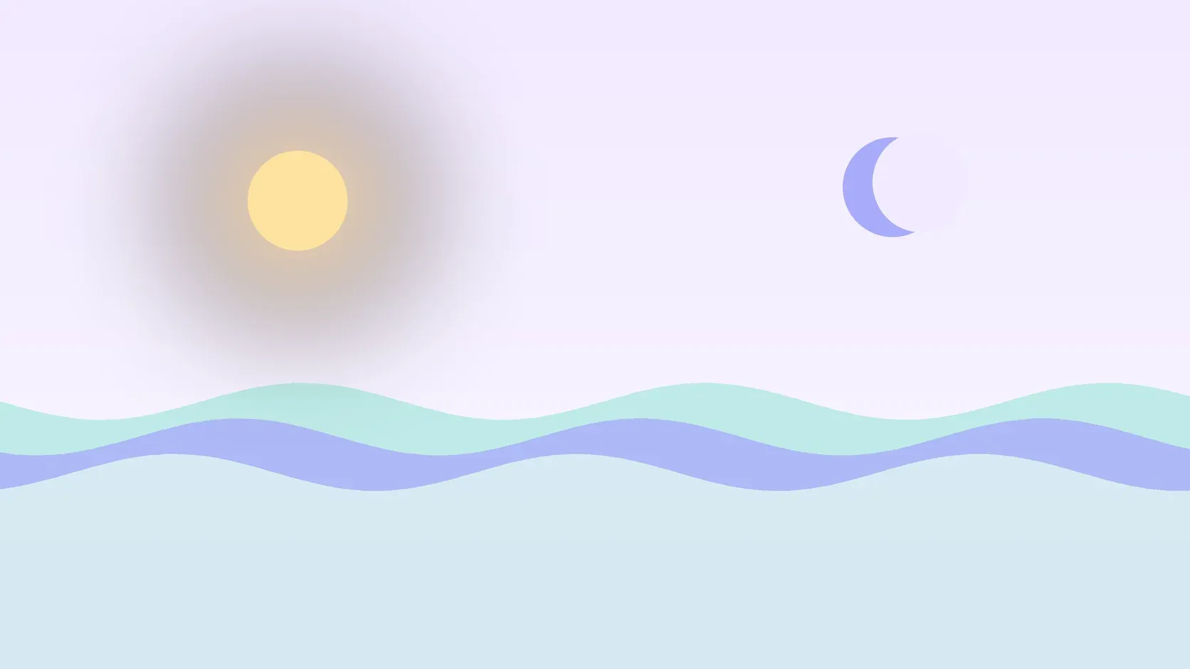 Illustration of a sun and a crescent moon above layered rolling waves, suggesting changes in mood over time