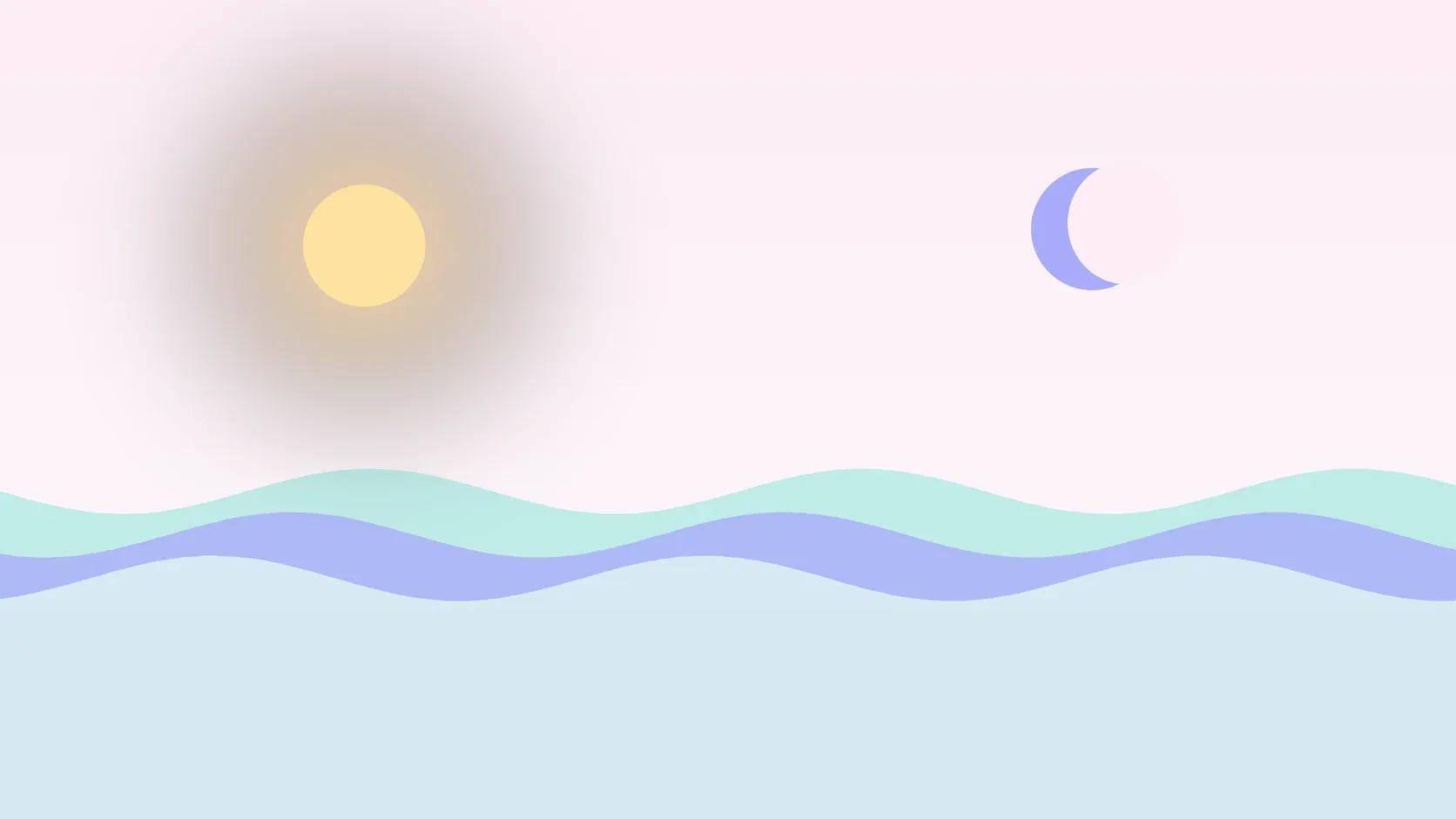 Illustration of a sun and a crescent moon above layered rolling waves, suggesting changes in mood over time