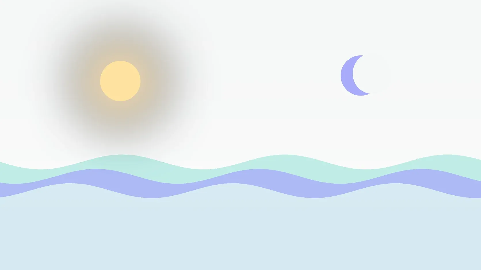 Illustration of a sun and a crescent moon above layered rolling waves, suggesting changes in mood over time