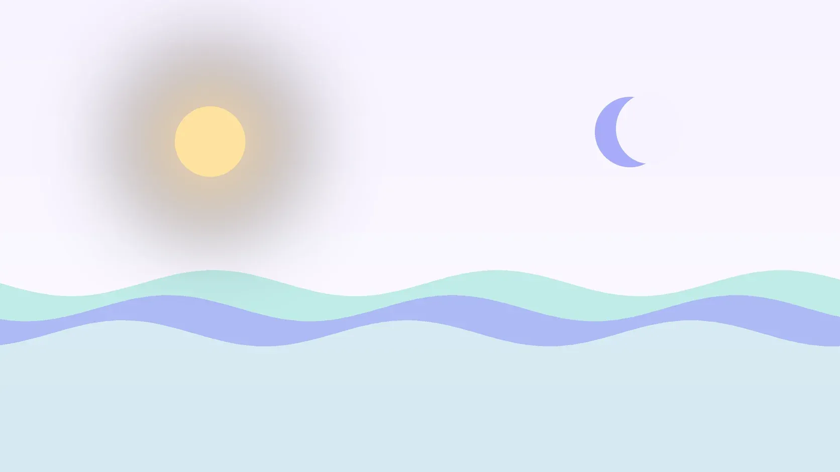Illustration of a sun and a crescent moon above layered rolling waves, suggesting changes in mood over time