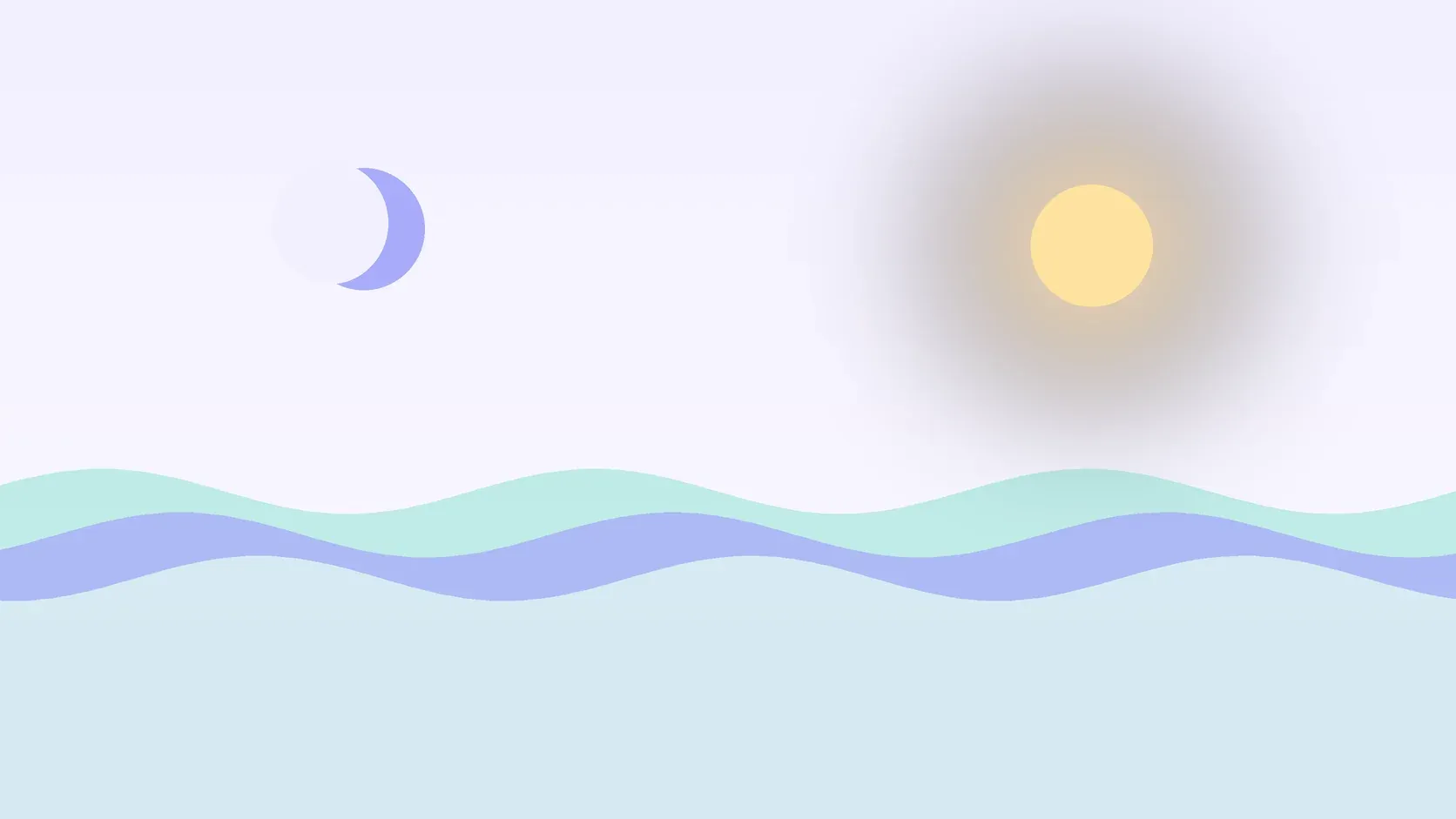 Illustration of a sun and a crescent moon above layered rolling waves, suggesting changes in mood over time