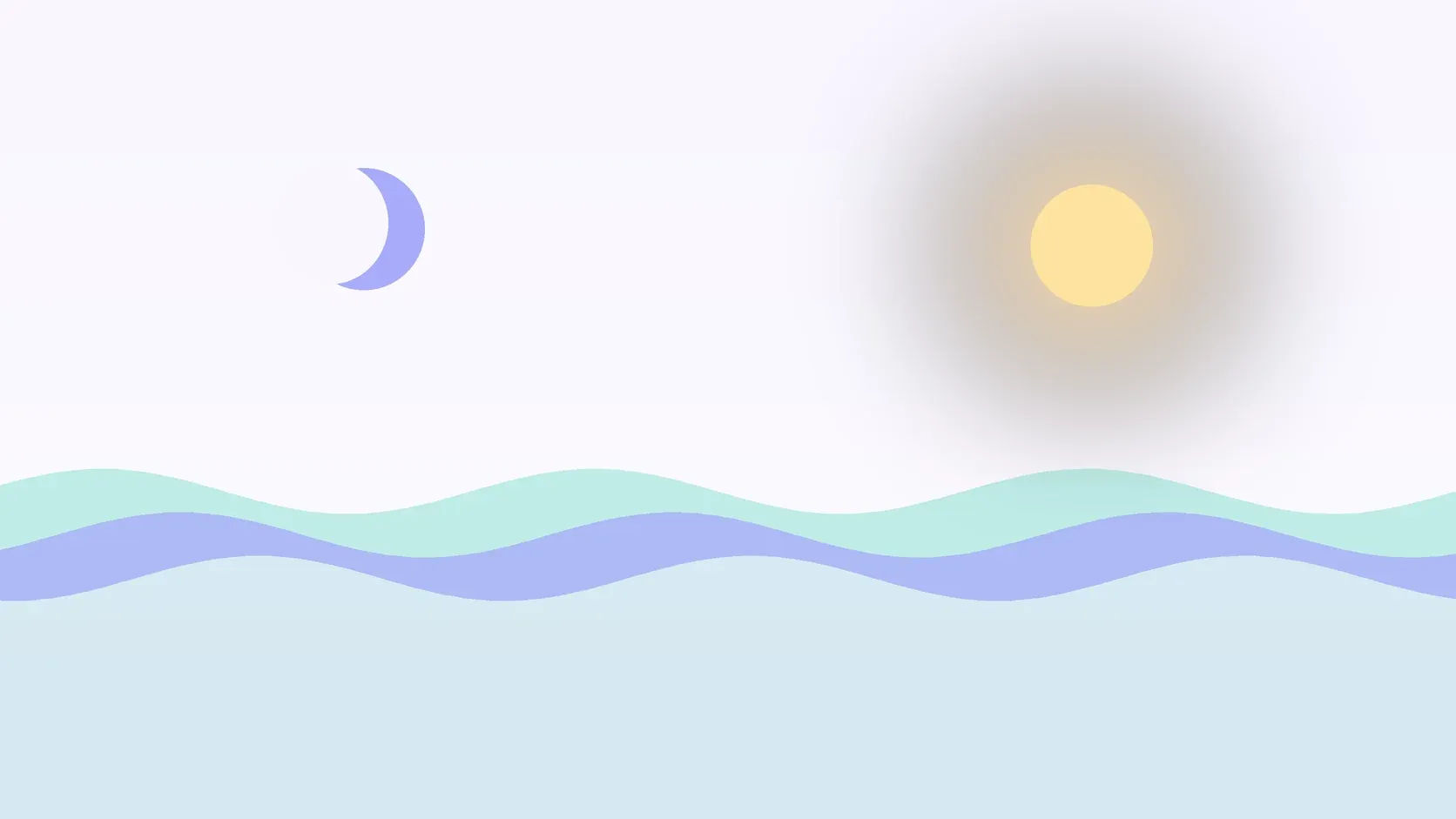 Illustration of a sun and a crescent moon above layered rolling waves, suggesting changes in mood over time