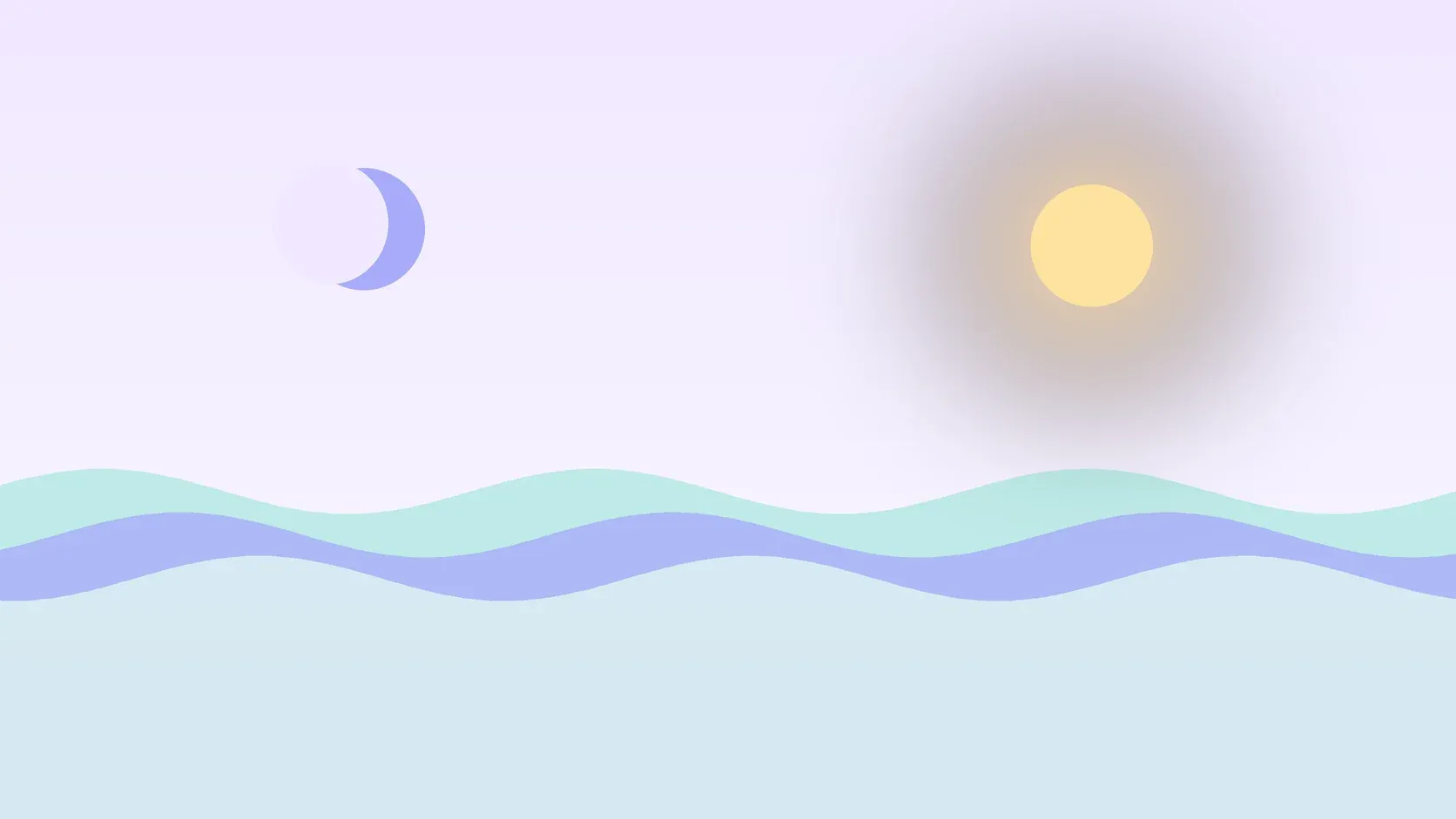 Illustration of a sun and a crescent moon above layered rolling waves, suggesting changes in mood over time