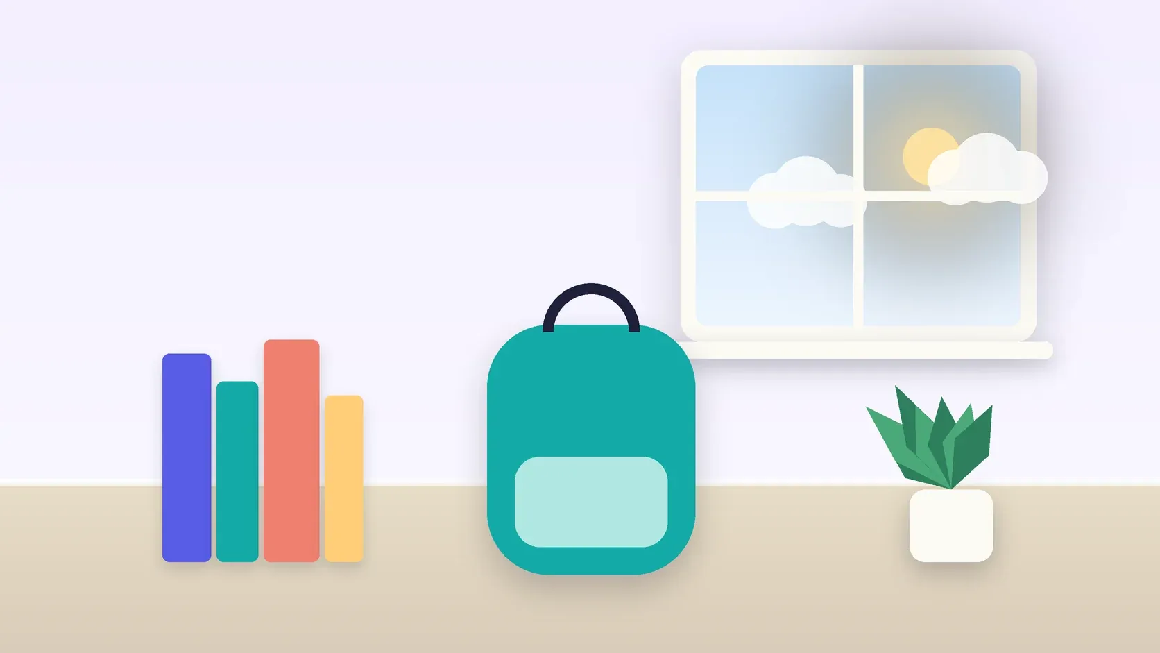 Illustration of a school backpack on the floor beside a stack of books and a plant, under a sunny window