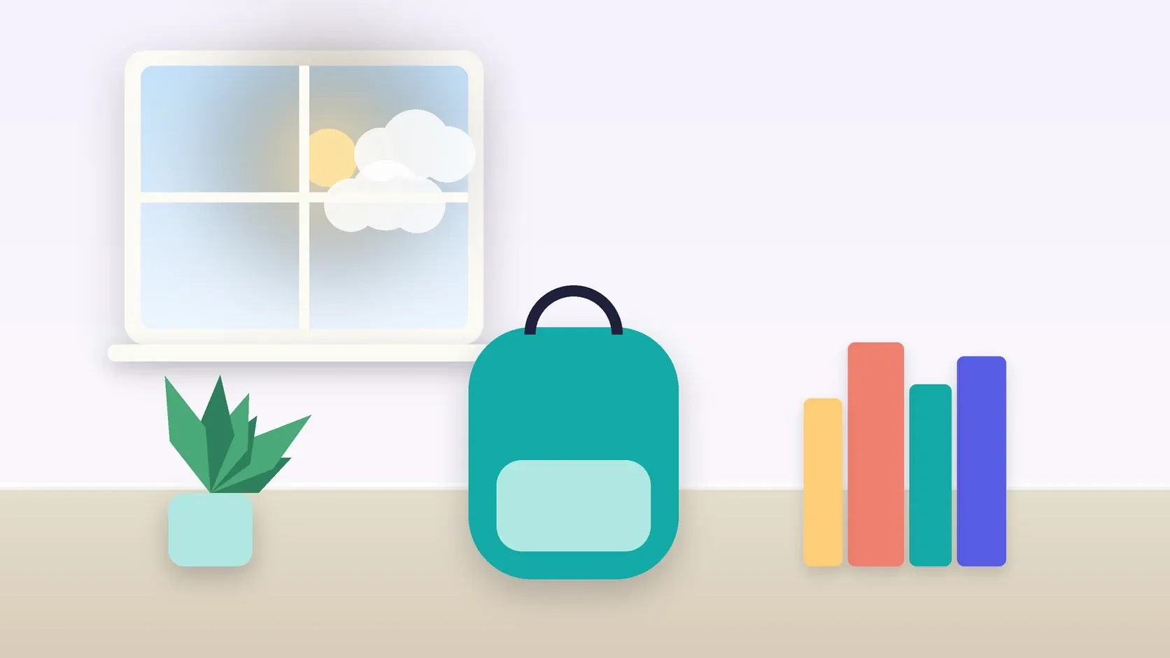 Illustration of a school backpack on the floor beside a stack of books and a plant, under a sunny window