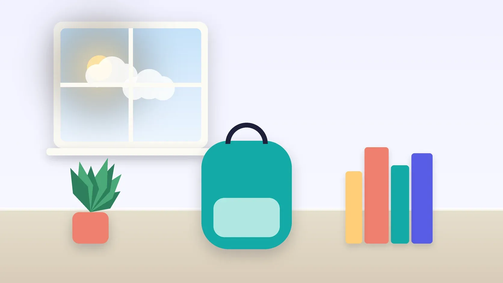 Illustration of a school backpack on the floor beside a stack of books and a plant, under a sunny window
