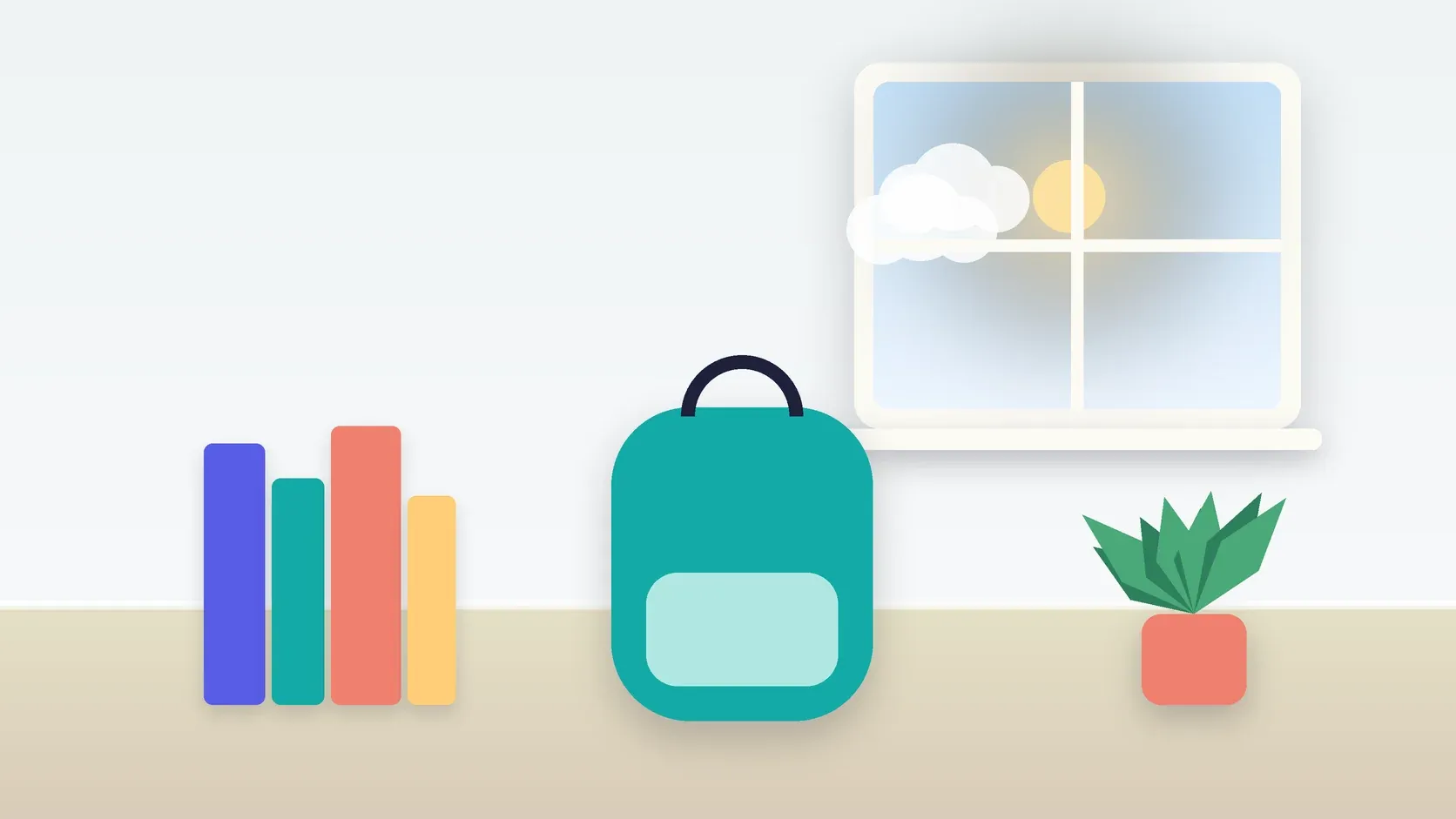 Illustration of a school backpack on the floor beside a stack of books and a plant, under a sunny window