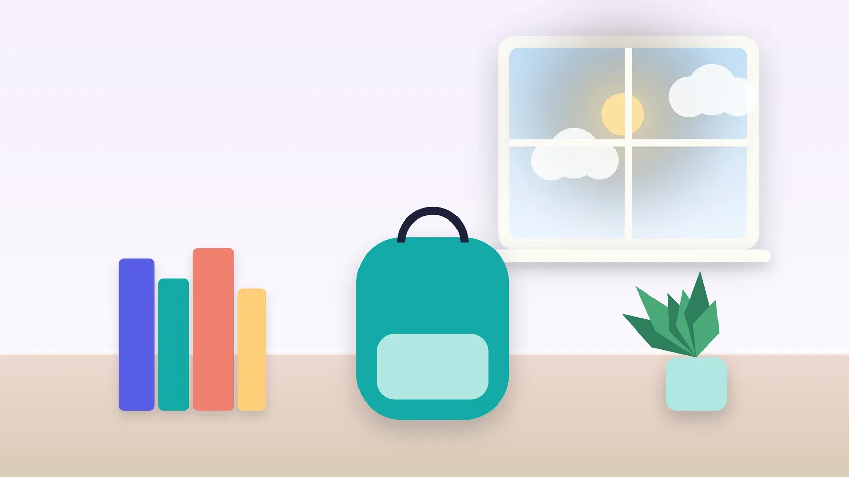 Illustration of a school backpack on the floor beside a stack of books and a plant, under a sunny window