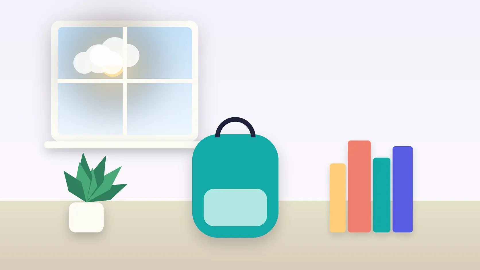 Illustration of a school backpack on the floor beside a stack of books and a plant, under a sunny window