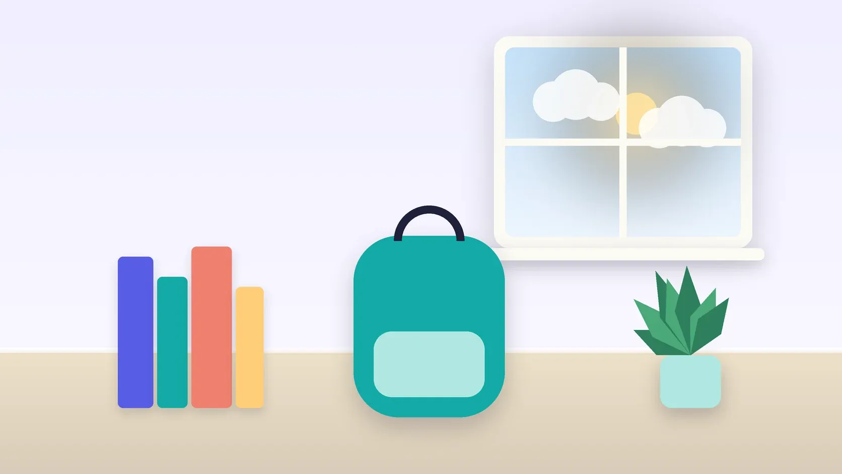 Illustration of a school backpack on the floor beside a stack of books and a plant, under a sunny window