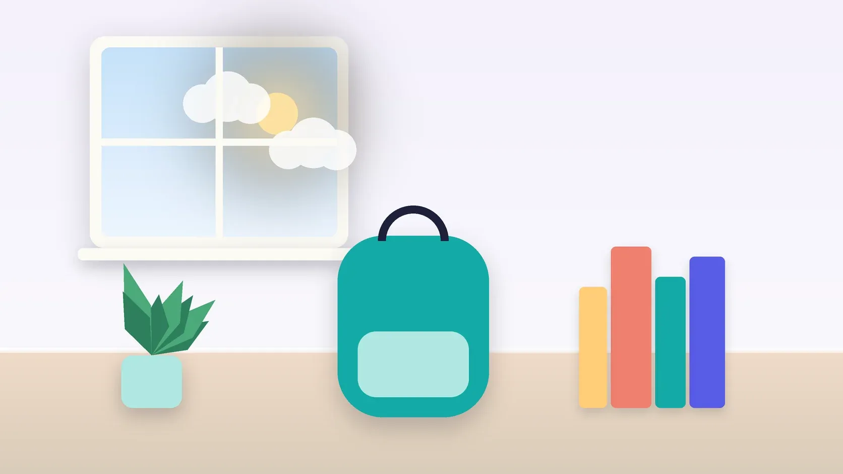Illustration of a school backpack on the floor beside a stack of books and a plant, under a sunny window