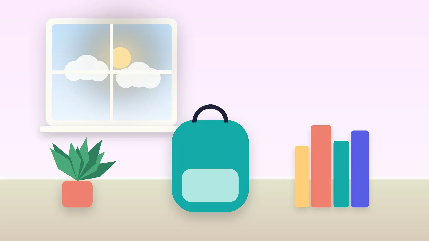 Illustration of a school backpack on the floor beside a stack of books and a plant, under a sunny window
