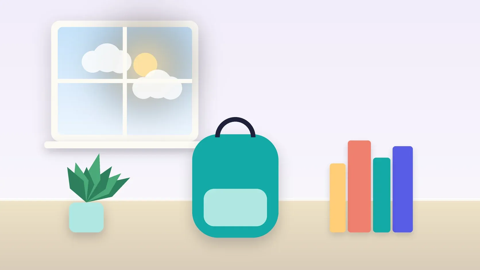 Illustration of a school backpack on the floor beside a stack of books and a plant, under a sunny window