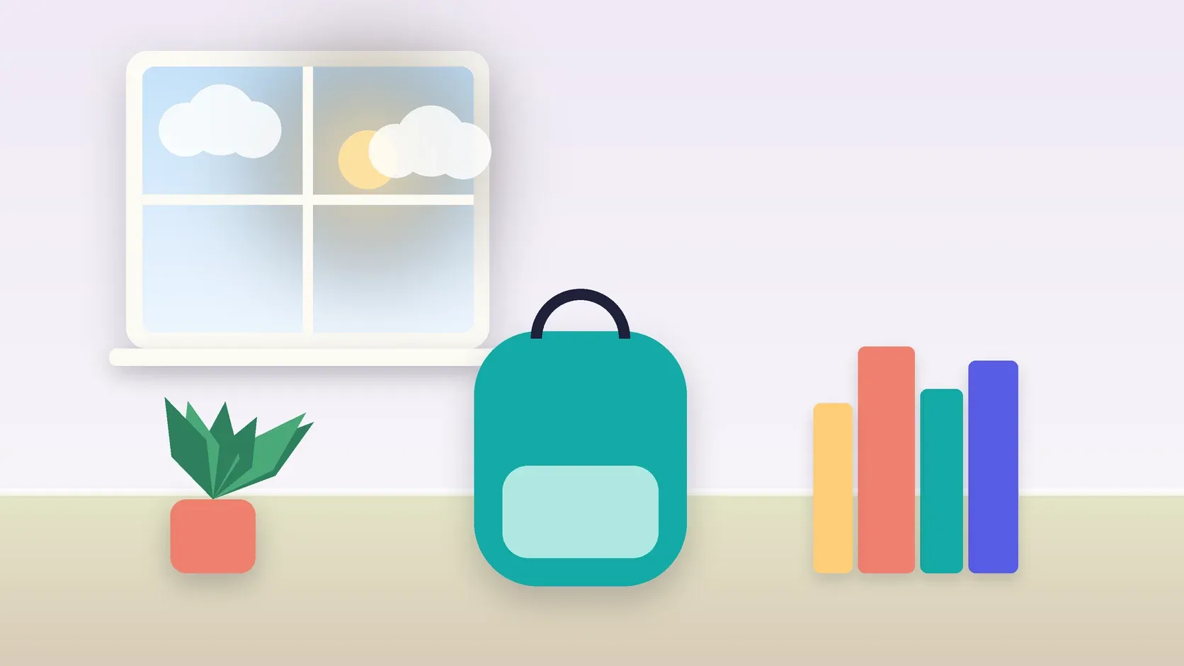 Illustration of a school backpack on the floor beside a stack of books and a plant, under a sunny window