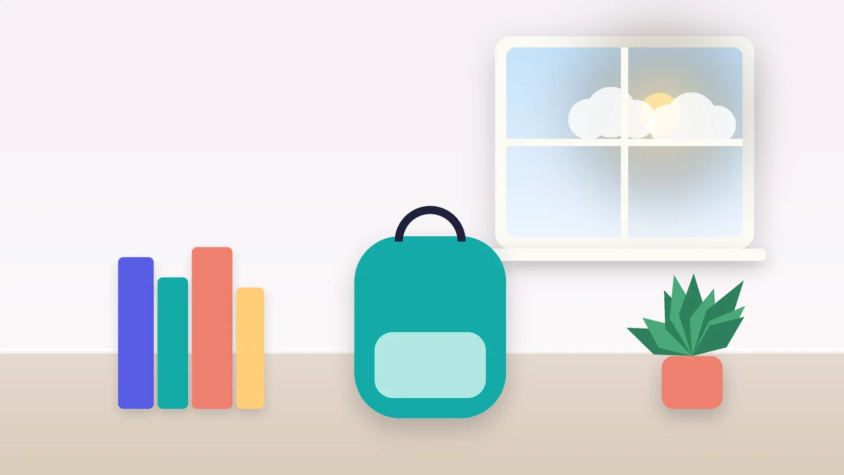 Illustration of a school backpack on the floor beside a stack of books and a plant, under a sunny window