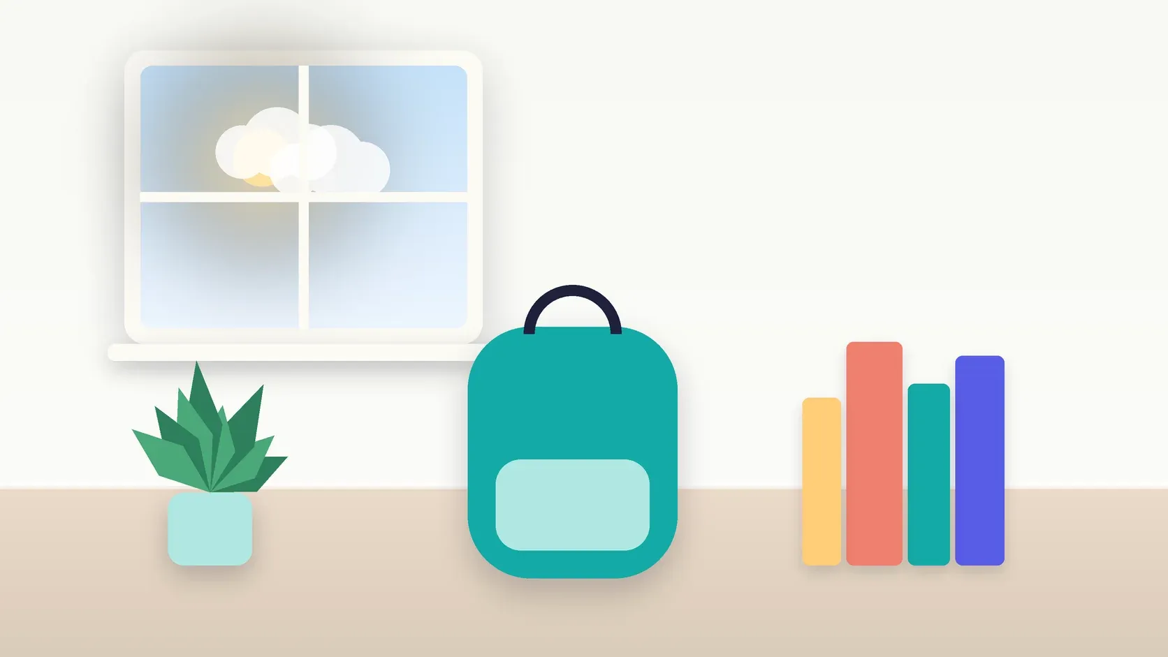 Illustration of a school backpack on the floor beside a stack of books and a plant, under a sunny window