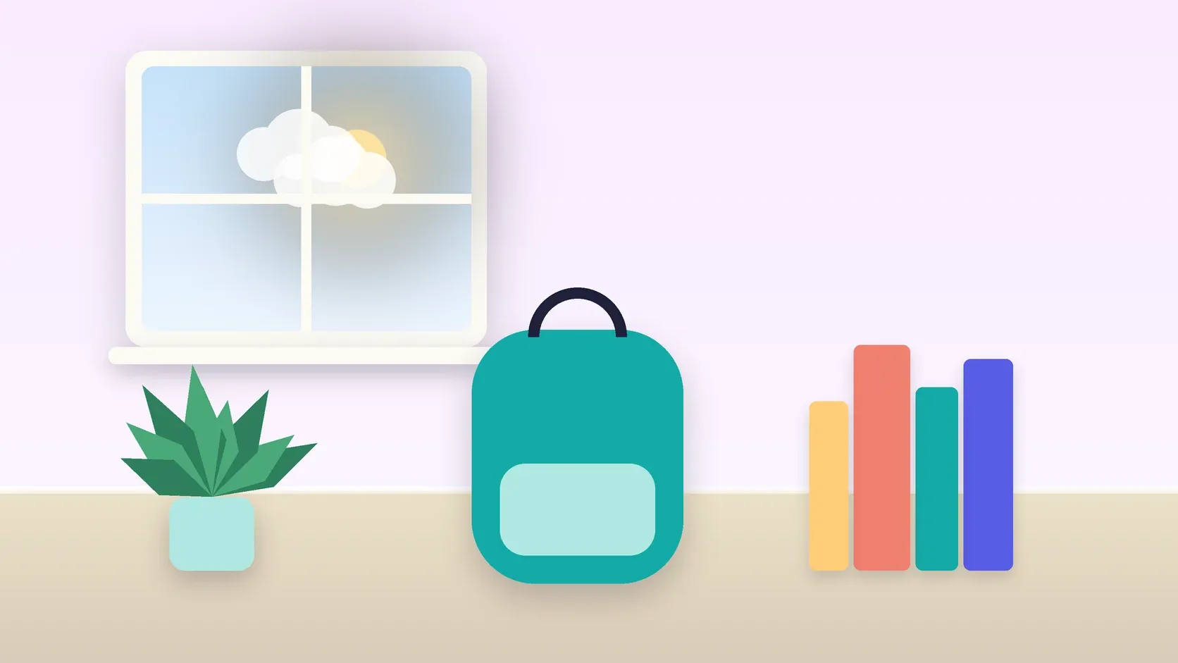 Illustration of a school backpack on the floor beside a stack of books and a plant, under a sunny window