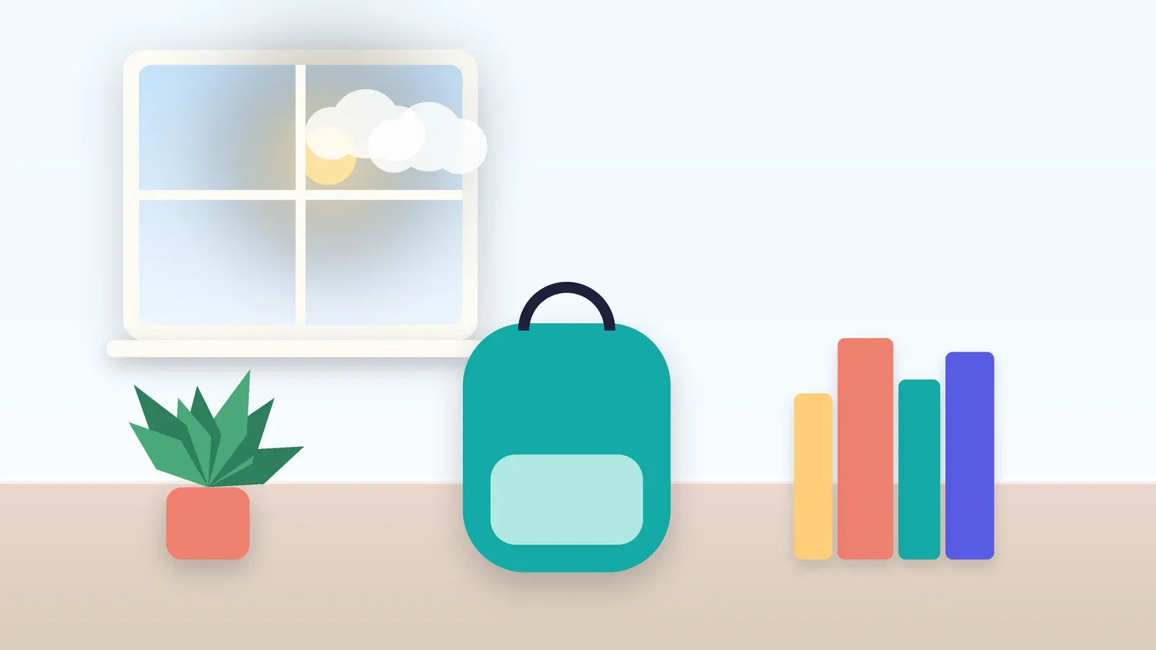 Illustration of a school backpack on the floor beside a stack of books and a plant, under a sunny window