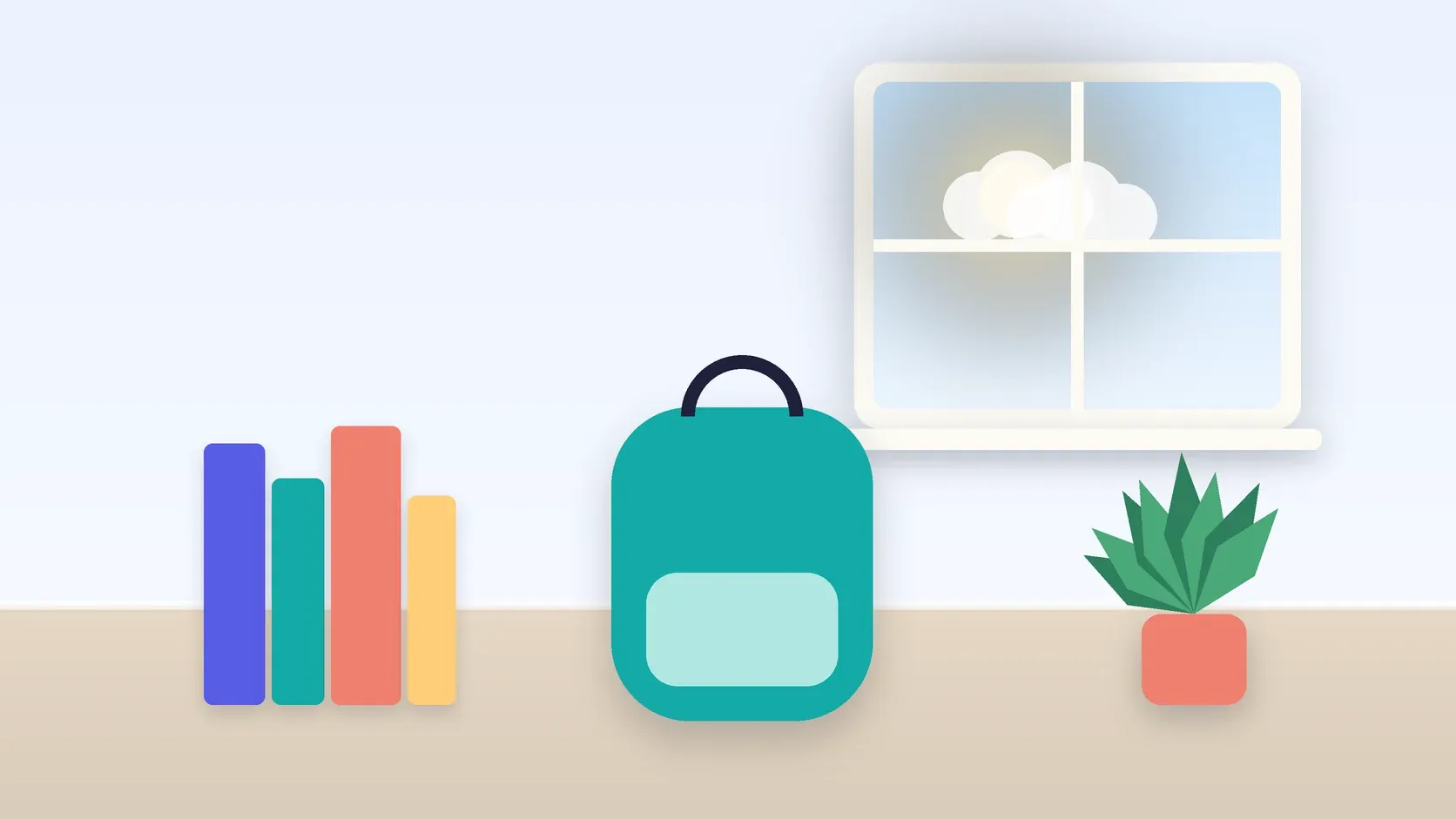 Illustration of a school backpack on the floor beside a stack of books and a plant, under a sunny window