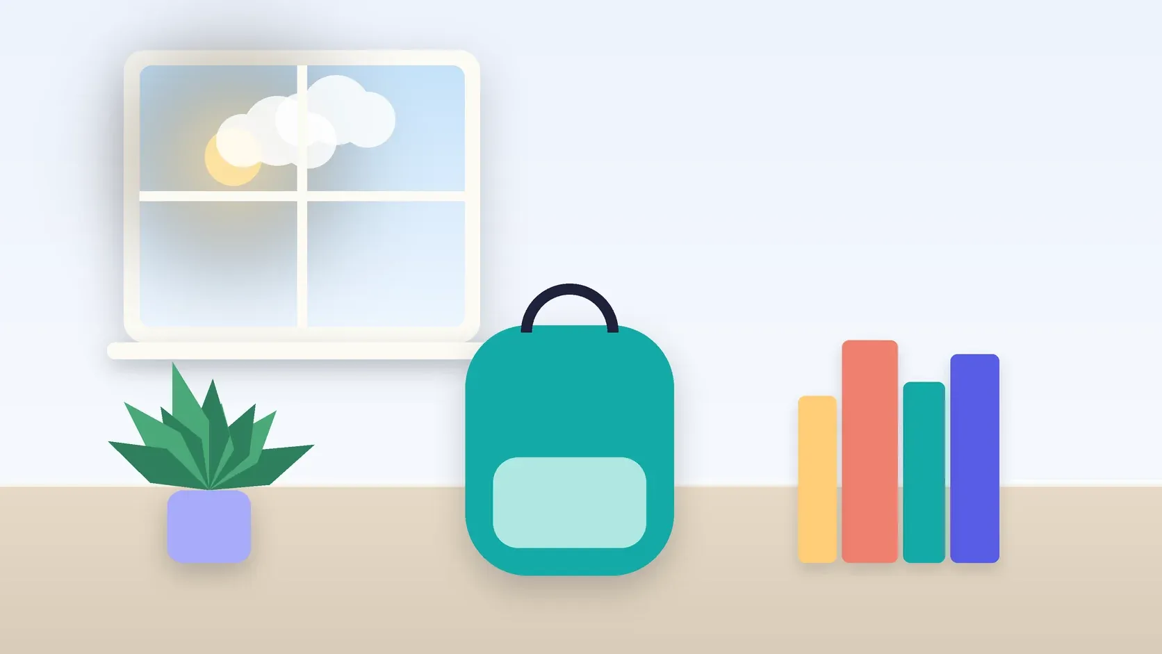 Illustration of a school backpack on the floor beside a stack of books and a plant, under a sunny window