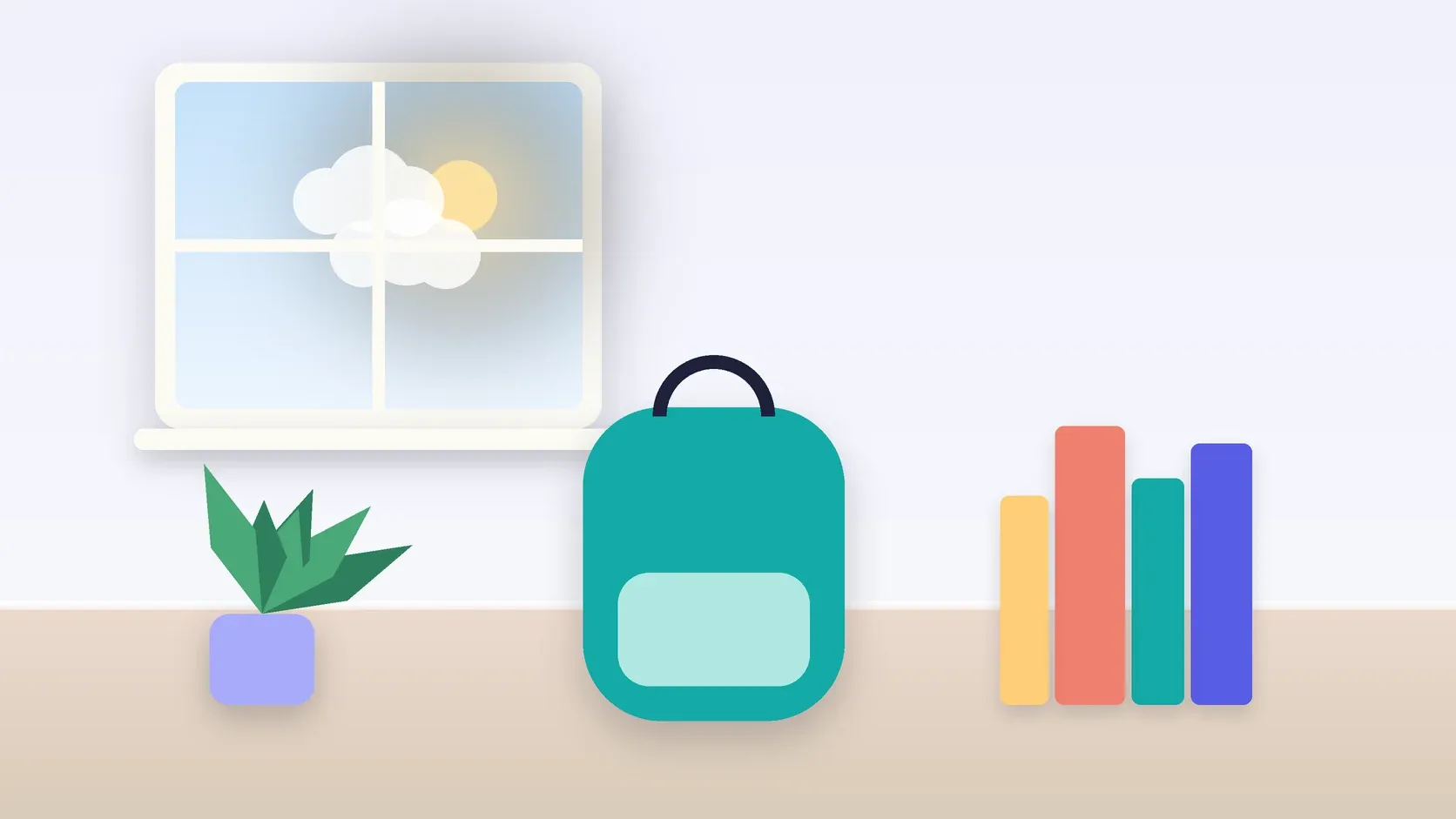 Illustration of a school backpack on the floor beside a stack of books and a plant, under a sunny window