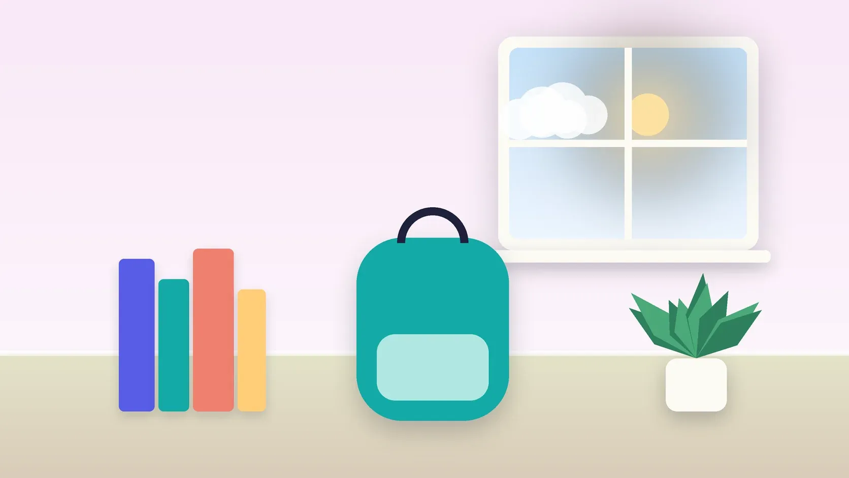 Illustration of a school backpack on the floor beside a stack of books and a plant, under a sunny window