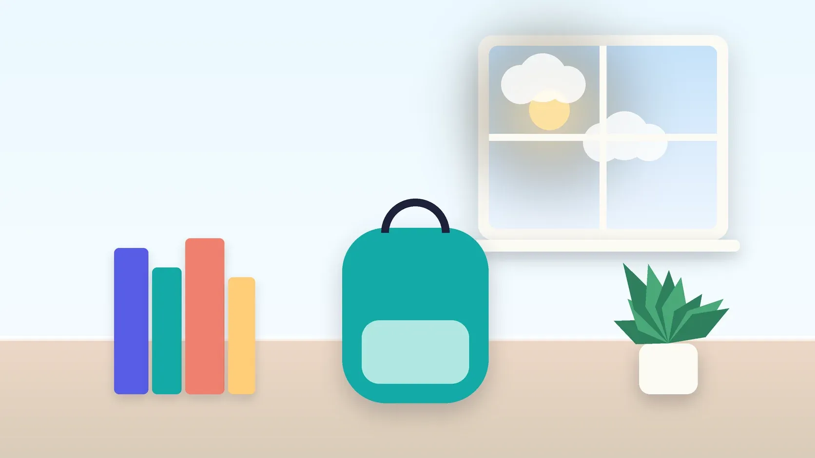 Illustration of a school backpack on the floor beside a stack of books and a plant, under a sunny window