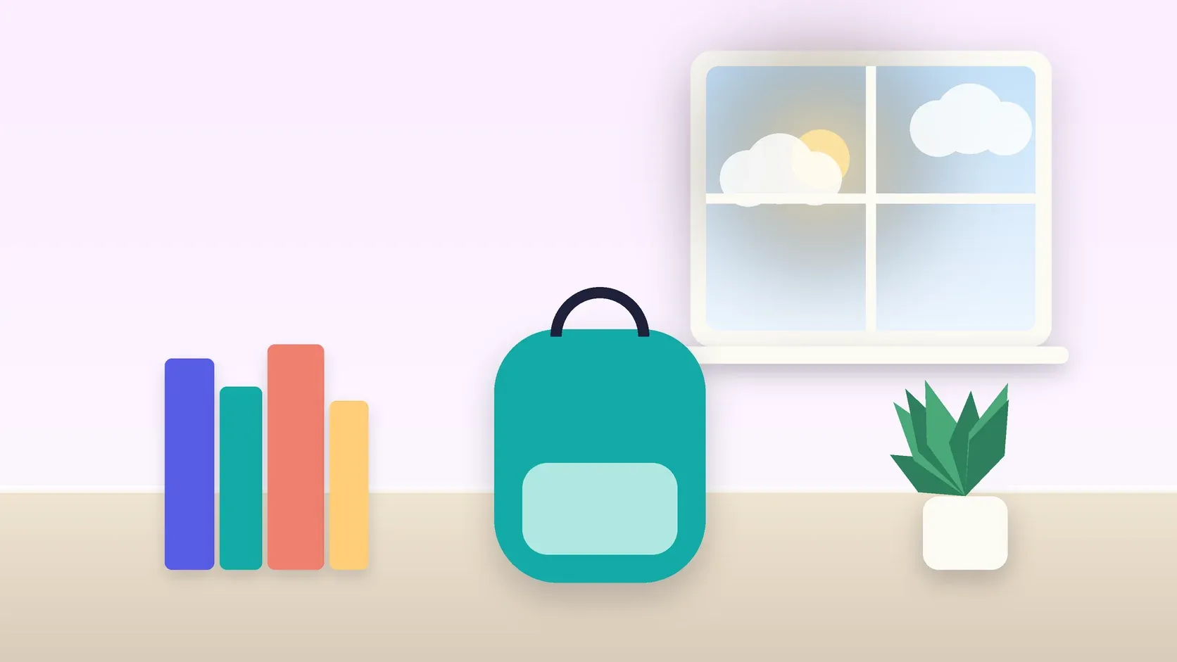 Illustration of a school backpack on the floor beside a stack of books and a plant, under a sunny window