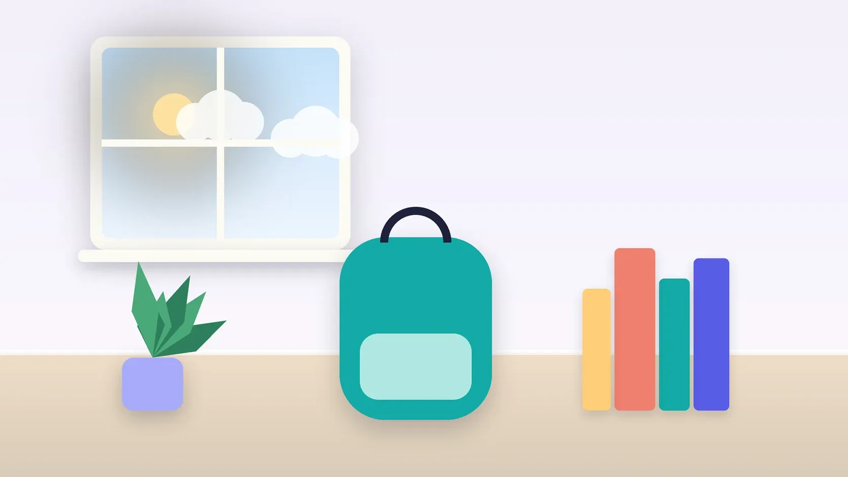 Illustration of a school backpack on the floor beside a stack of books and a plant, under a sunny window
