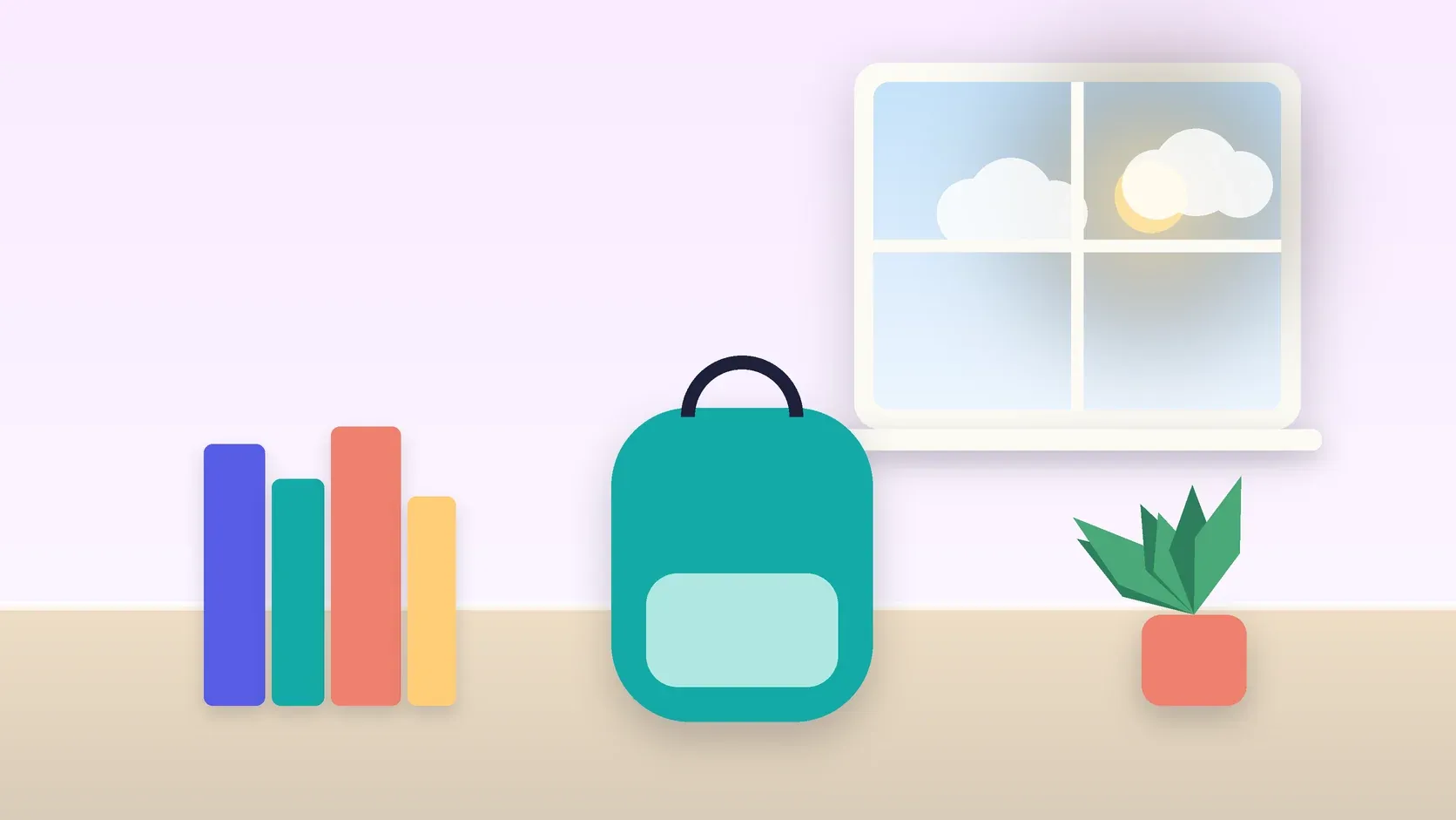 Illustration of a school backpack on the floor beside a stack of books and a plant, under a sunny window