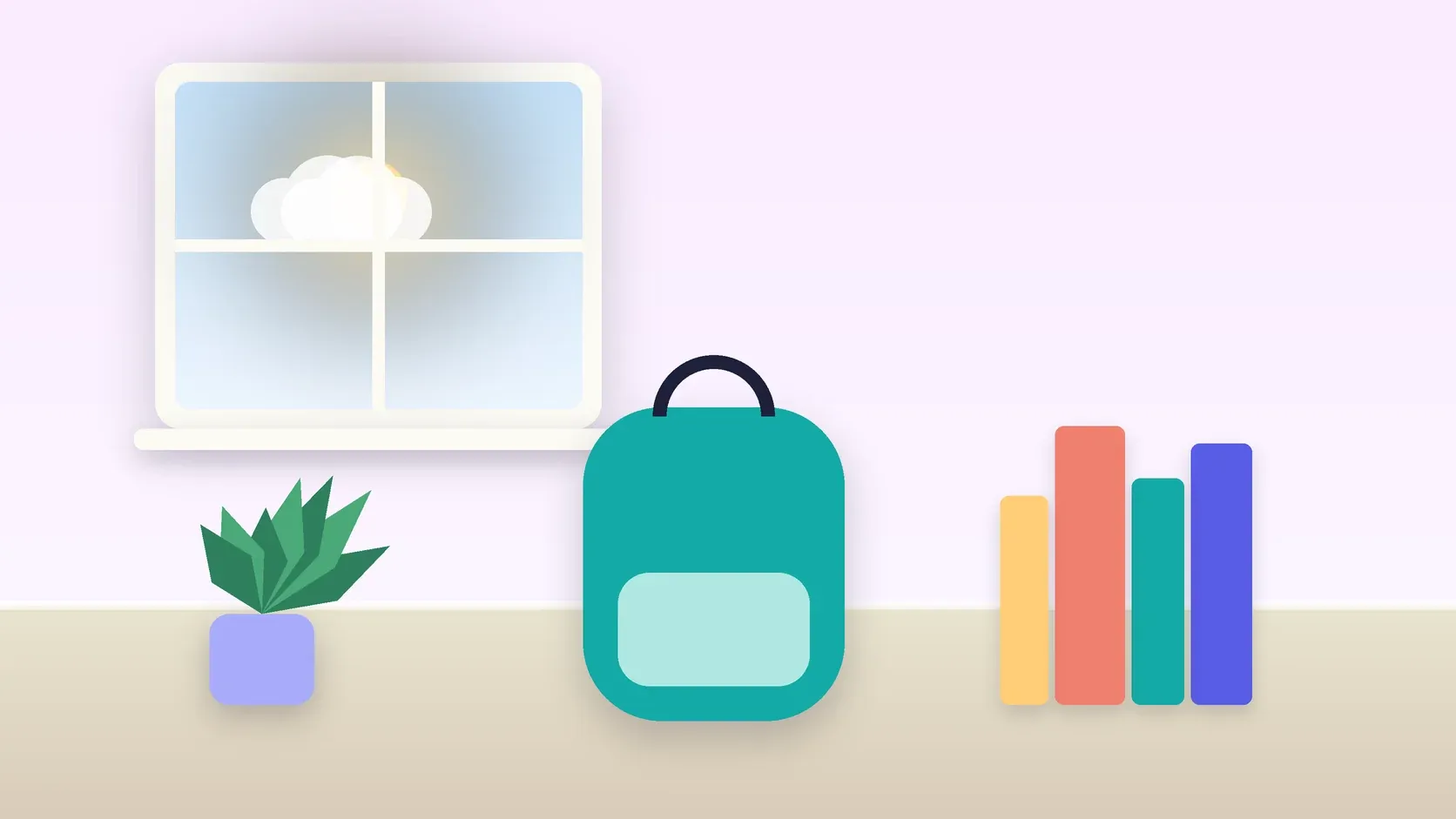 Illustration of a school backpack on the floor beside a stack of books and a plant, under a sunny window