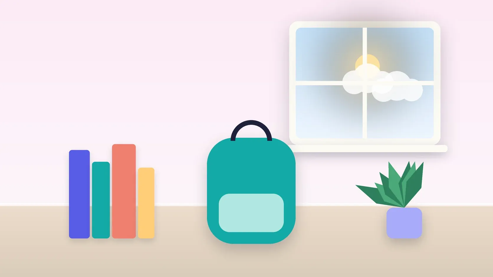 Illustration of a school backpack on the floor beside a stack of books and a plant, under a sunny window