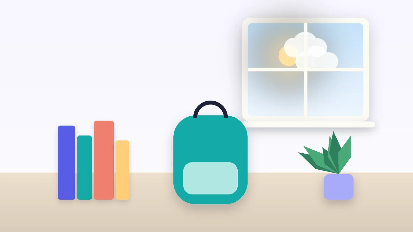 Illustration of a school backpack on the floor beside a stack of books and a plant, under a sunny window