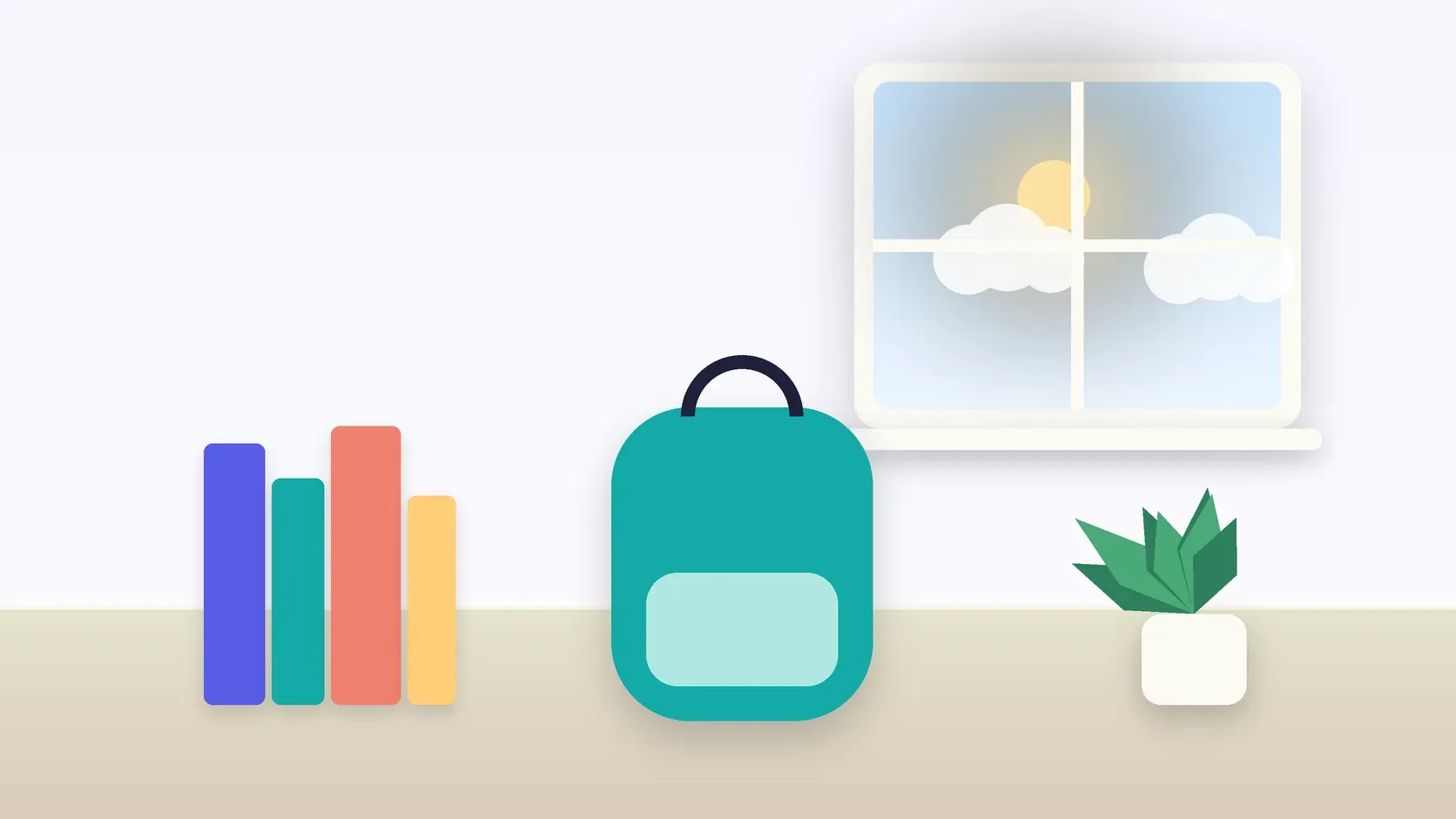 Illustration of a school backpack on the floor beside a stack of books and a plant, under a sunny window