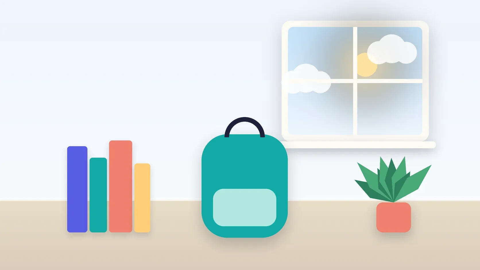 Illustration of a school backpack on the floor beside a stack of books and a plant, under a sunny window