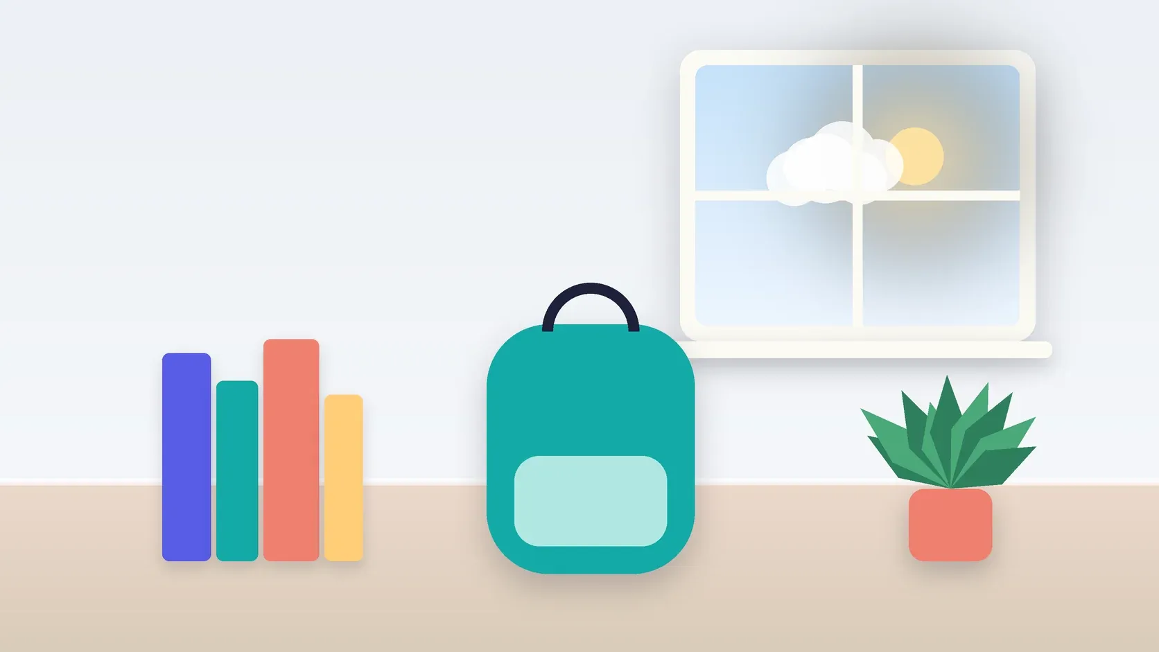 Illustration of a school backpack on the floor beside a stack of books and a plant, under a sunny window