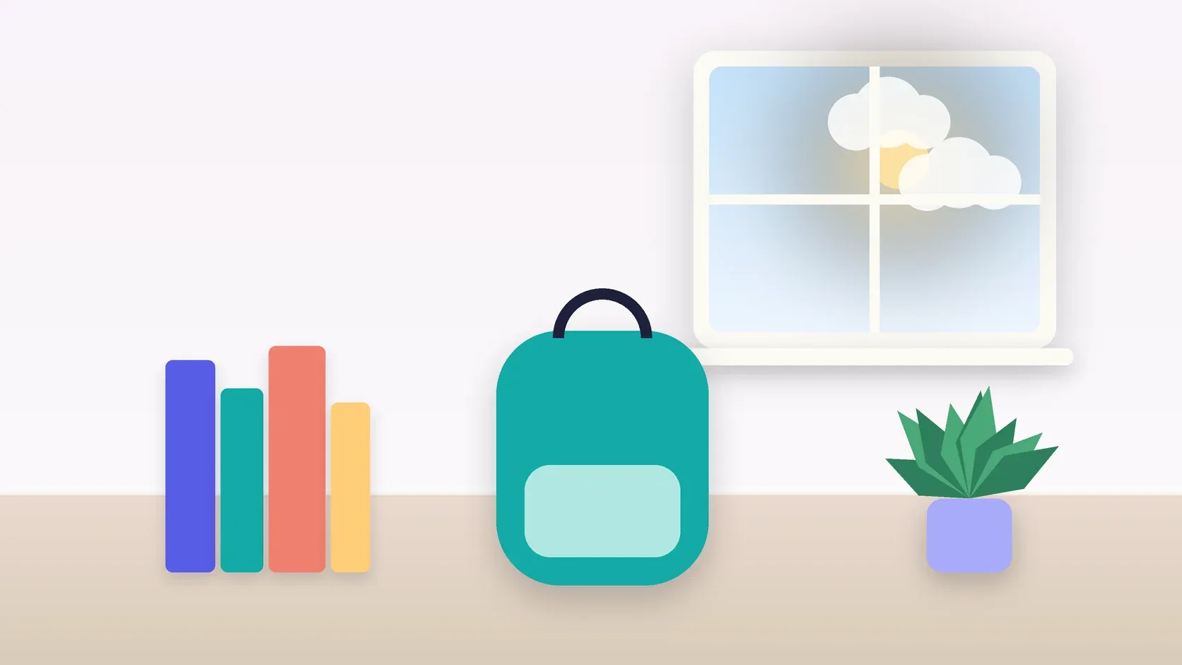 Illustration of a school backpack on the floor beside a stack of books and a plant, under a sunny window