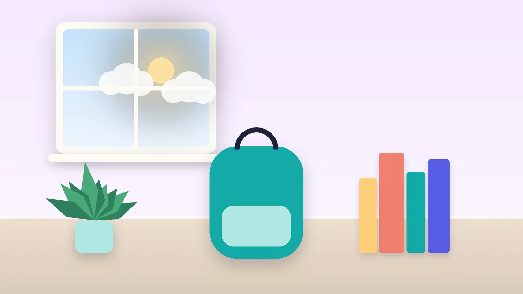 Illustration of a school backpack on the floor beside a stack of books and a plant, under a sunny window