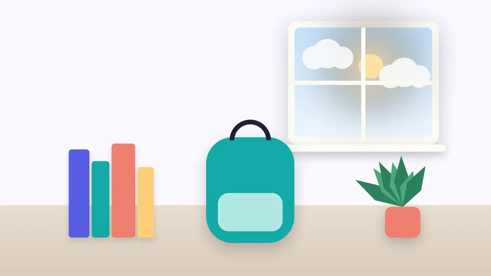 Illustration of a school backpack on the floor beside a stack of books and a plant, under a sunny window