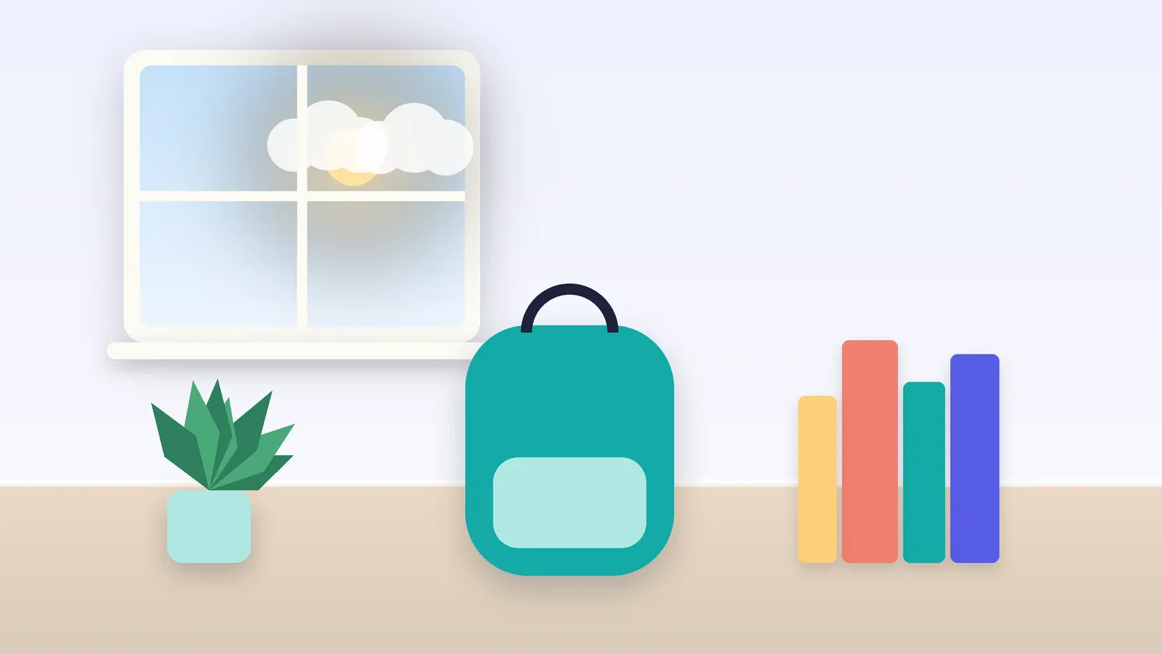 Illustration of a school backpack on the floor beside a stack of books and a plant, under a sunny window