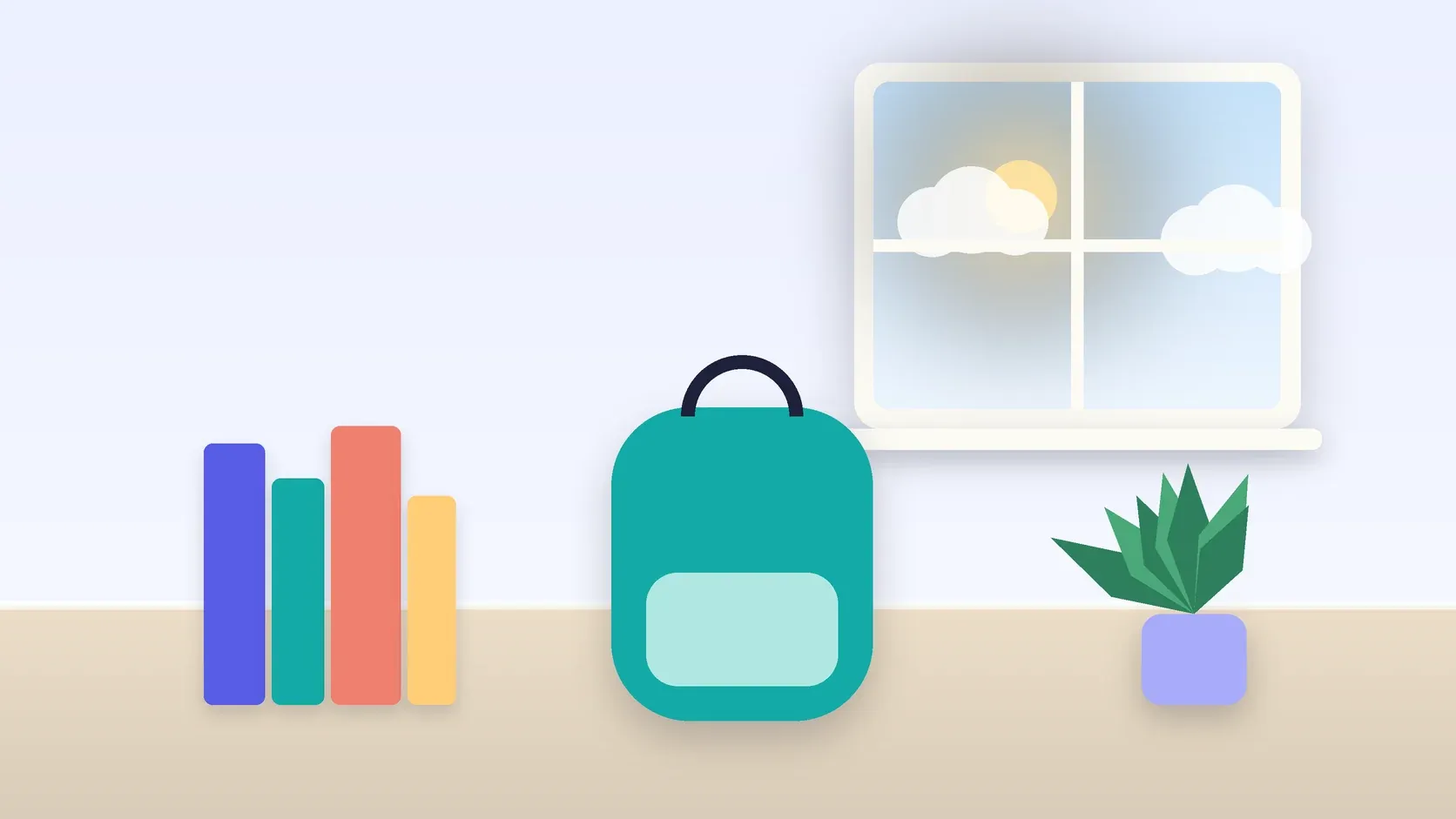 Illustration of a school backpack on the floor beside a stack of books and a plant, under a sunny window