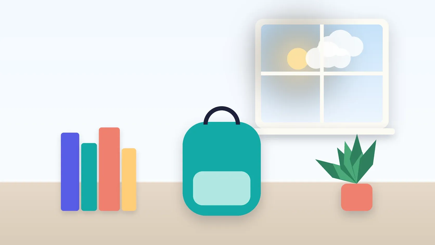 Illustration of a school backpack on the floor beside a stack of books and a plant, under a sunny window