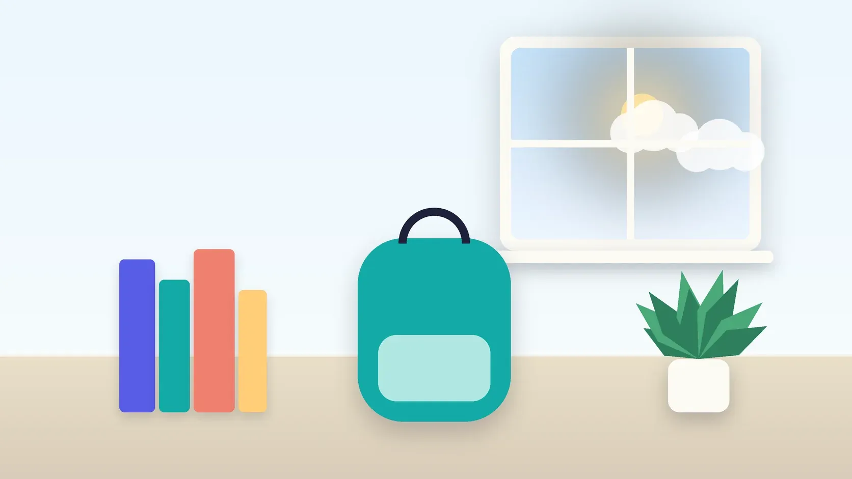 Illustration of a school backpack on the floor beside a stack of books and a plant, under a sunny window
