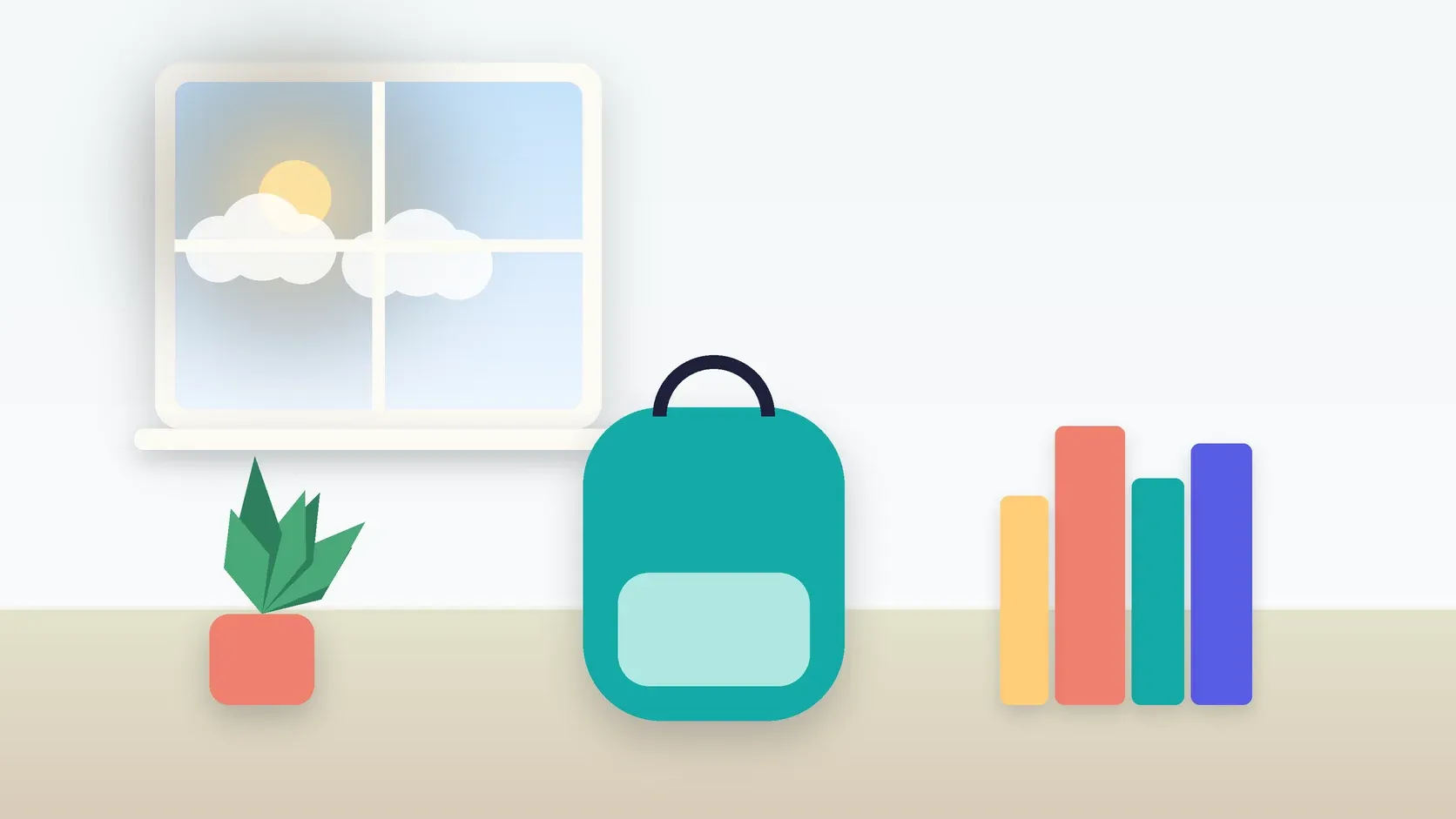 Illustration of a school backpack on the floor beside a stack of books and a plant, under a sunny window