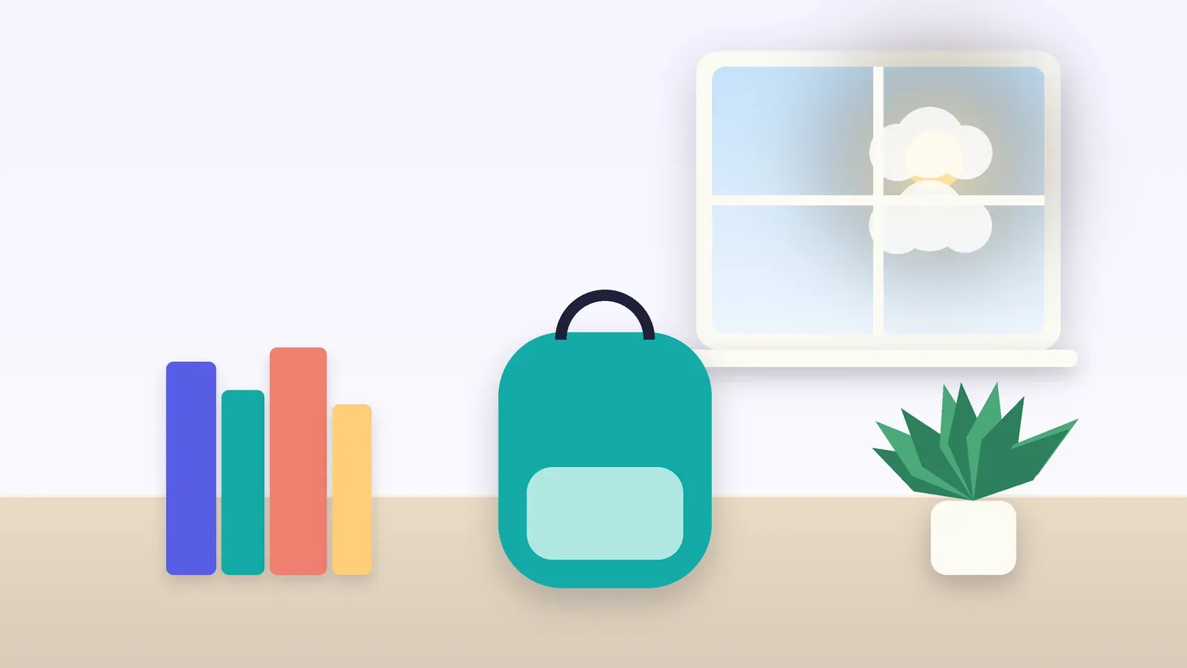 Illustration of a school backpack on the floor beside a stack of books and a plant, under a sunny window